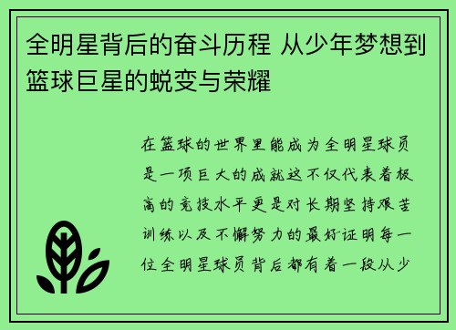 全明星背后的奋斗历程 从少年梦想到篮球巨星的蜕变与荣耀